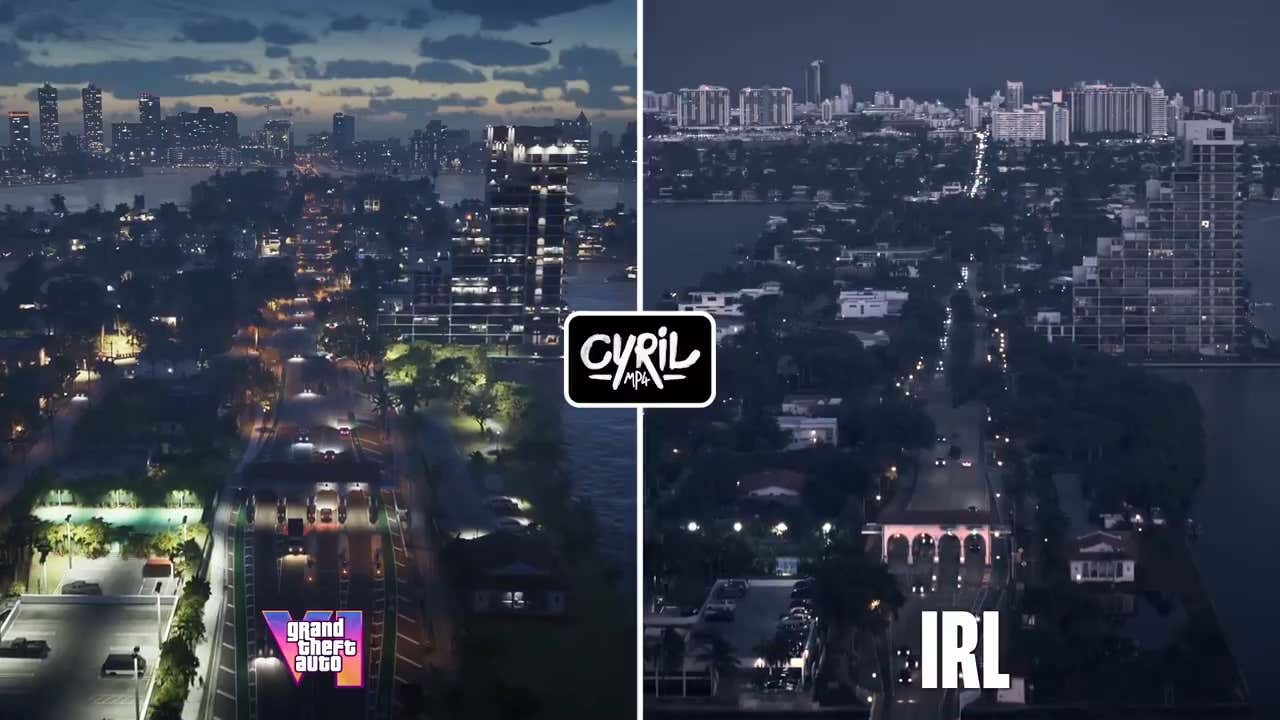 Bir ekran görüntüsü gerçek Miami şehrini GTA 6 sürümüyle karşılaştırarak gösteriyor. 